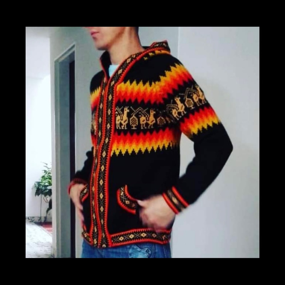 Authentic Peruvian Hooded Wool Cardigan Sweater Handmade Peru Alpaca